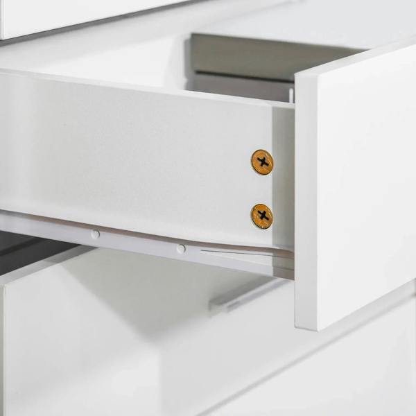 White drawer with metal rail and mounting screws, shown with drawer open.