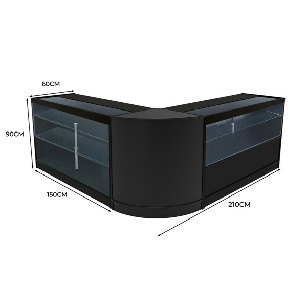 Hera LED Shop Counter Set in black, featuring sleek glass displays, curved design, and dimensions of 210cm x 150cm x 90cm
