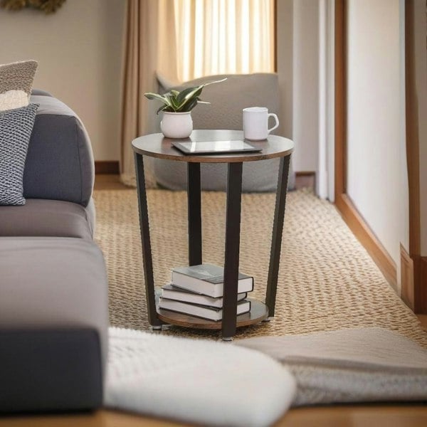 Modcraft Round Industrial Side Table – Rustic Brown & Black Steel Frame for Living Room & Bedroom