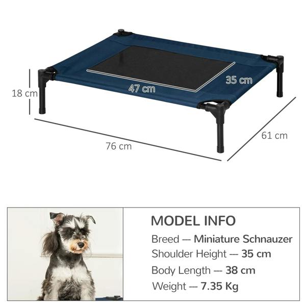 Blue elevated pet cot with black mesh top and corner fasteners, on metal legs