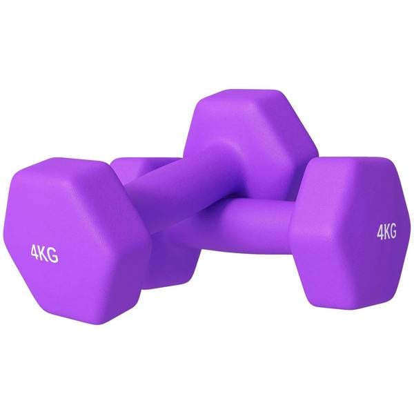 Purple hexagonal dumbbells set, 4kg weights each with grip texture