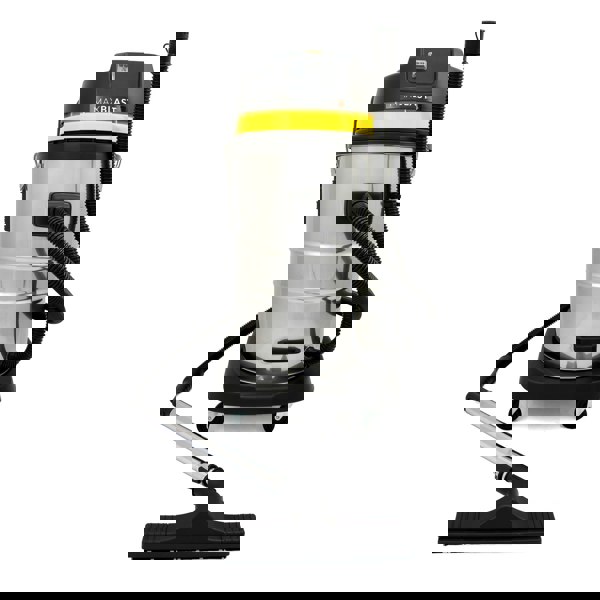 Stainless steel 50L wet and dry vacuum with a black base, flexible hose, and sturdy vacuum head for efficient gutter cleaning