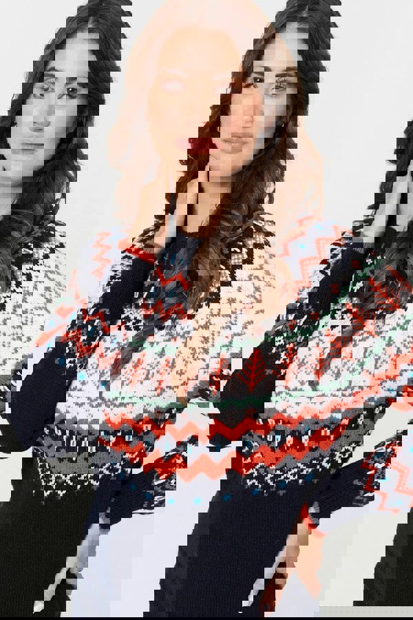 Navy | Ikat Print Long Sleeve Knitted Top
