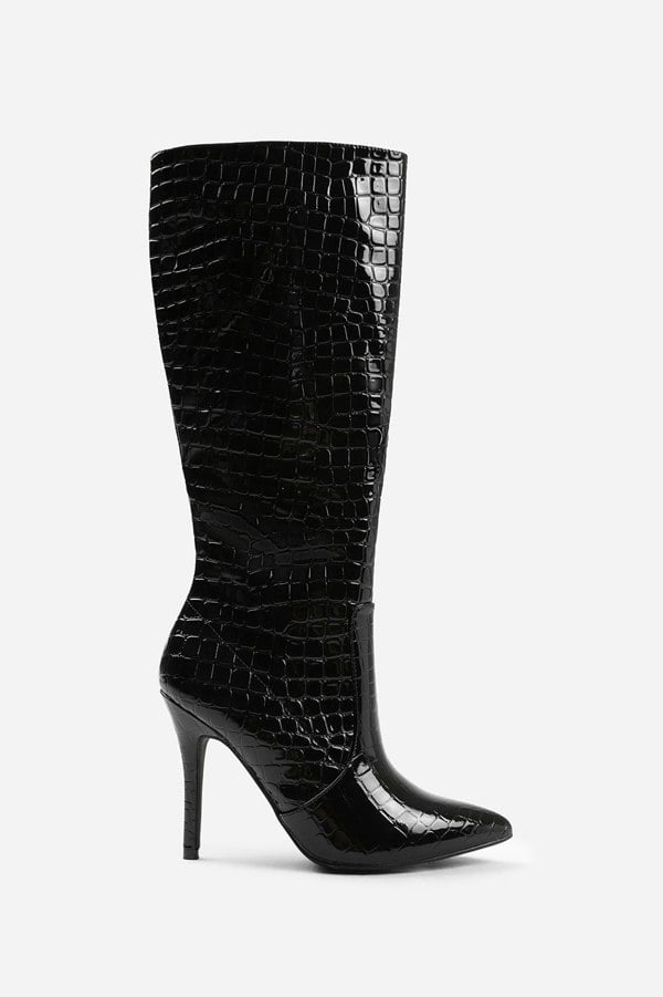 Where's That From Zoya Wide Calf High Heel Boot in Wide E Fit in Black Croco Patent