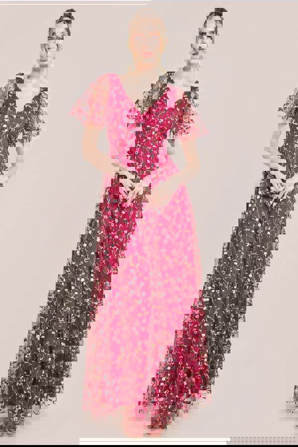 Flutter Sleeve Floral Embroidered Maxi - Burgundy DR3798