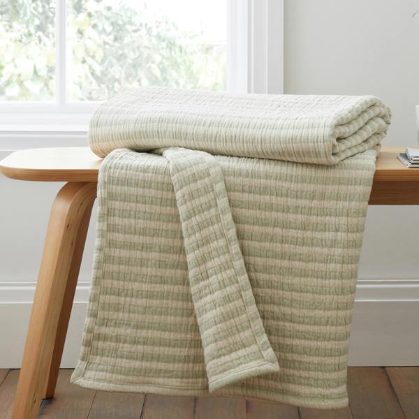 Bianca Cotton Muslin Stripe Blanket Throw Green