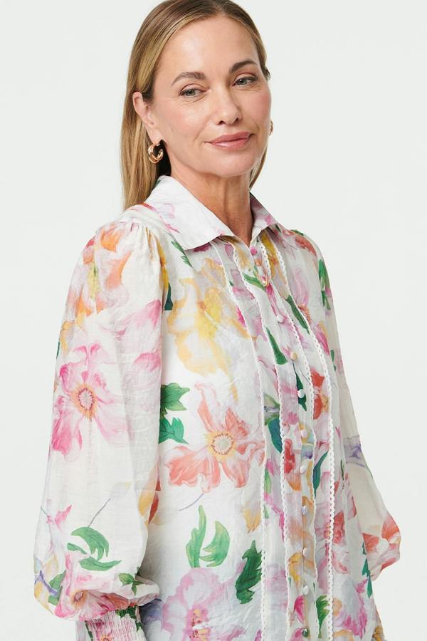 White | Lace Trim Collared Long Sleeve Shirt