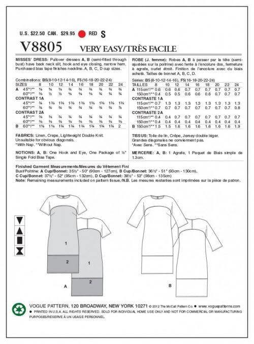 Vogue Sewing Pattern 8805, Dresses for Women, 8-10-12-14-16 - Easy