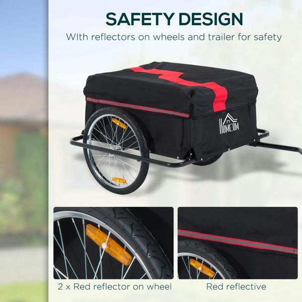 Black bicycle cargo trailer with red reflective trim and red wheel reflectors