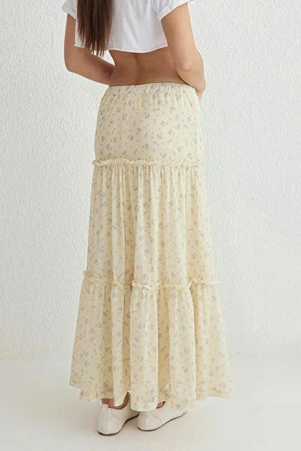 WOVCOR Tulle Floral Print Maxi Drape Detail Knitted Skirt