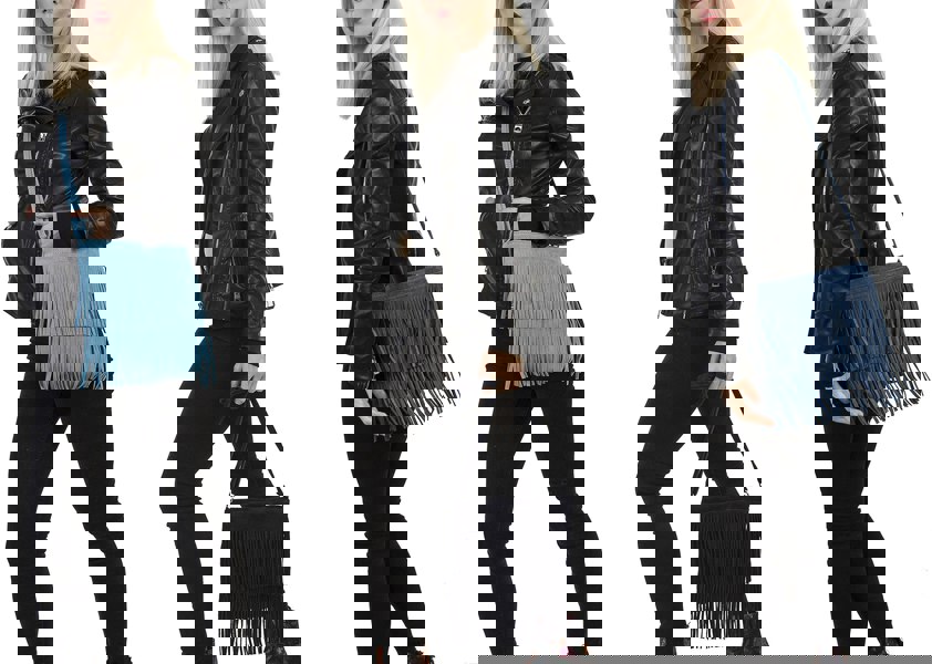 Kitise Italian Real Suede Leather Fringed Shoulder - Cross body Handbag