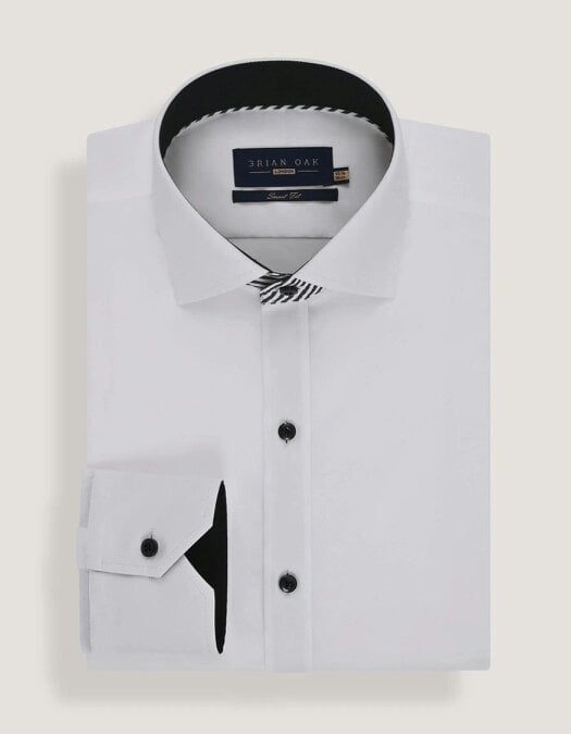 White Cotton Twill Formal Shirt with Black Contrast Trim - Men's Smart Shirt