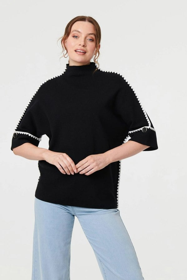 Black | Contrast Trim 3/4 Sleeve Jumper
