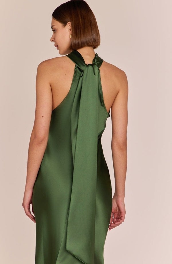 Rewritten London Roma Dress in Olive Green Satin
