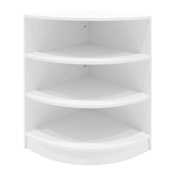White corner display shelf with four spacious, curved shelves, ideal for showcasing products in retail or home settings