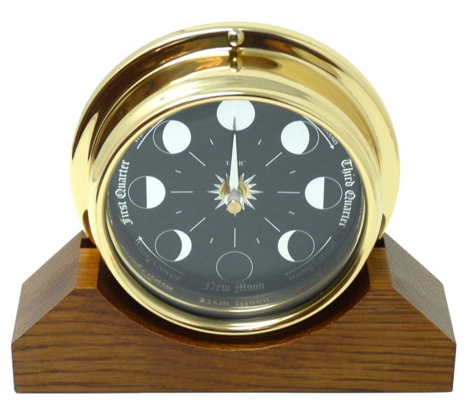 Prestige Brass Moon Phase Clock With a Jet Black Dial Mounted on a Solid English Dark Oak Mantel/Display Mount - TABIC CLOCKS