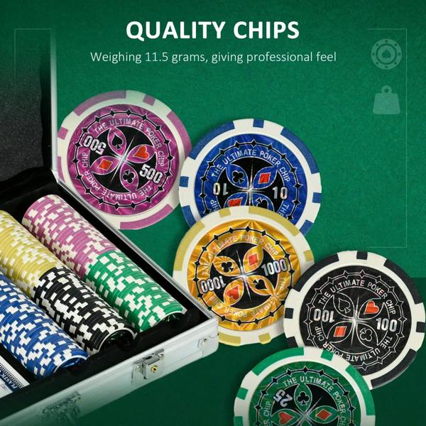 Close-up of multicolor poker chips with metallic outer edge in open silver case