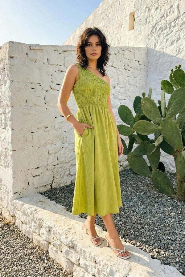 WOVCOR Waist-Leg Embellished One-Shoulder Midi Woven Dress