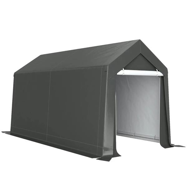 Dark grey portable storage shed tent with open window entrance