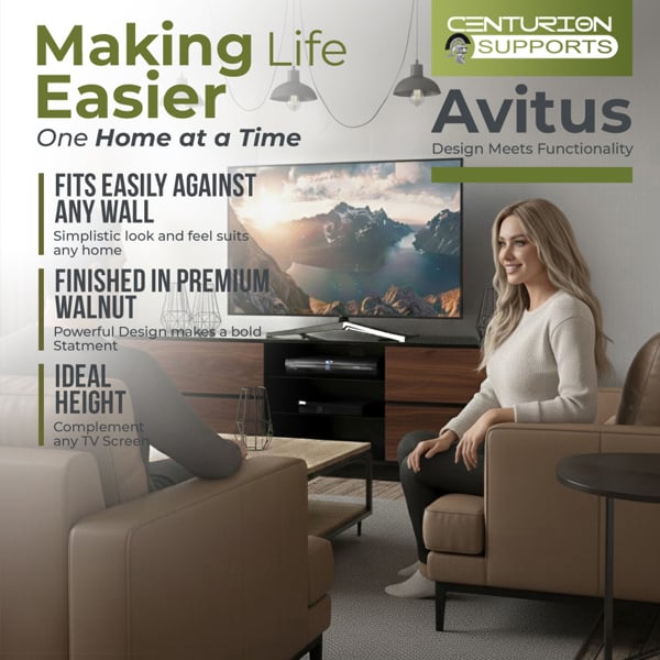 Centurion Supports Avitus Gloss Black with 4-Walnut Drawers and 3-Shelf 32"-65" LED/LCD/Plasma TV Stand