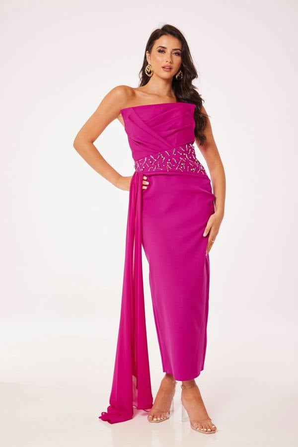 LuvForever Fuschia Strapless Jewelled Drape Midi Dress