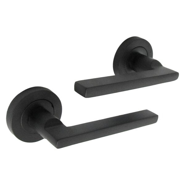 EDH Door Hardware Matt Black Modern Lever on Round Rose Door Handles – Handle Only or Handle + Tubular Latch