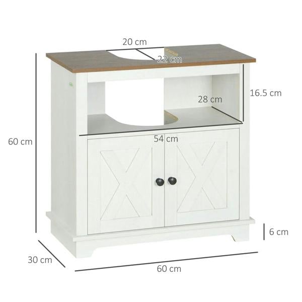 White under-sink cabinet with double doors, base shelf, and brown top board; size view