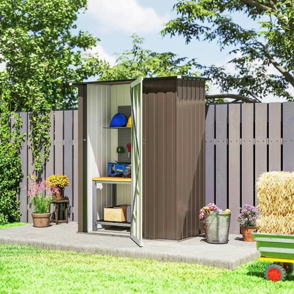 Brown metal storage shed with open door and interior compartment for gardening supplies