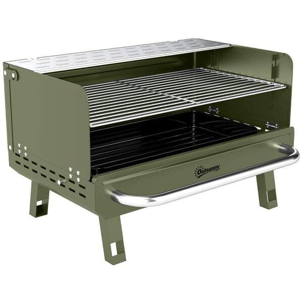 Bobobiy Portable BBQ Grill, Charcoal Barbecue Grill with Adjustable Grates, Foldable Legs, Side Shelf for Camping Travel, Green