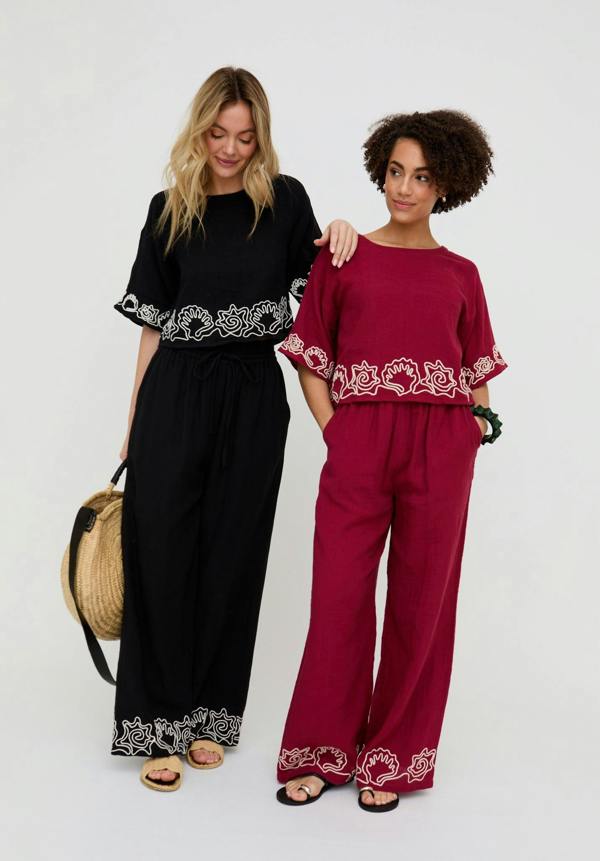 Milly Wide Leg Embroidered Trouser In Berry - image 1