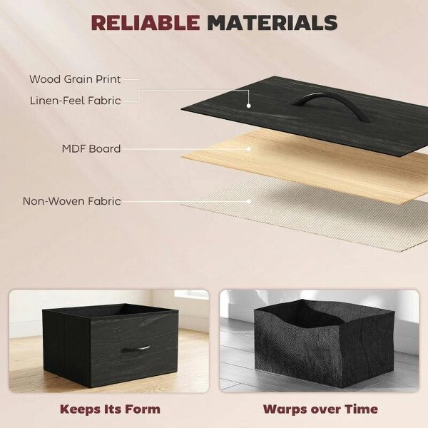 Chest of Drawers, Dresser with 5 Fabric Drawers, Tall Storage Unit with 4 Pockets and 2 Hooks, Steel Frame, Black
