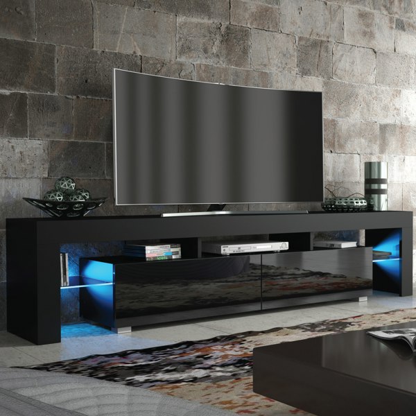 Mex Furniture Sleek 200cm TV Unit Modern Cabinet TV Stand Black High Gloss Doors with Free LED