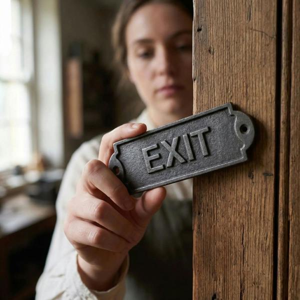 Close-up of vintage cast iron exit door sign showing embossed 'EXIT' and textured surface on rustic wood.