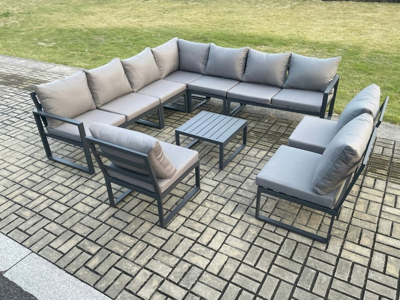 Fimous 10 Seater Patio Outdoor Garden Furniture Aluminium Lounge Corner Sofa Set with Square Coffee Table Dark Grey
