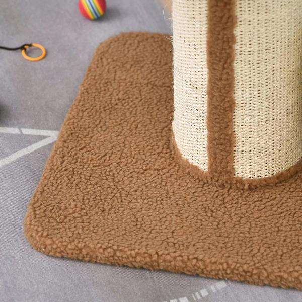 Brown plush base pad and sisal post edge of a cat tree tower