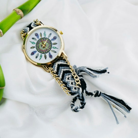 The Colourful Aura Boho Mandala Art Bohemian Jute Knitted Strap Bracelet Wrist Watch