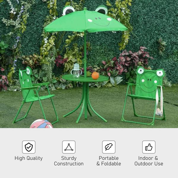 Kids picnic table and chair set with green parasol, round table and two frog chairs outdoors