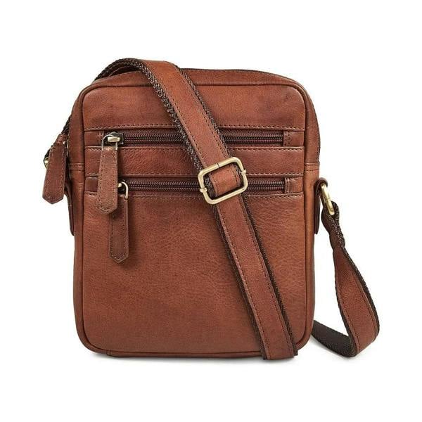 Brown leather crossbody bag on a white background