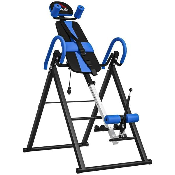 Blue gravity inversion table with safety belt, padded arm supports and foot rest