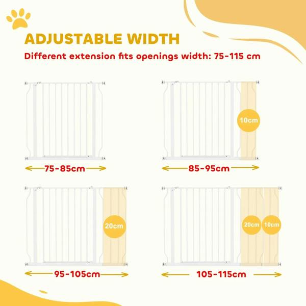 White dog safety gate adjustable width layout with multiple opening fit ranges