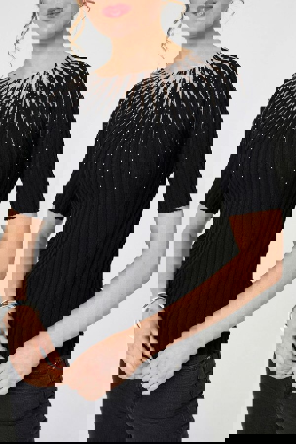 Black | Sequin Embellished Short Sleeve Knit Top
