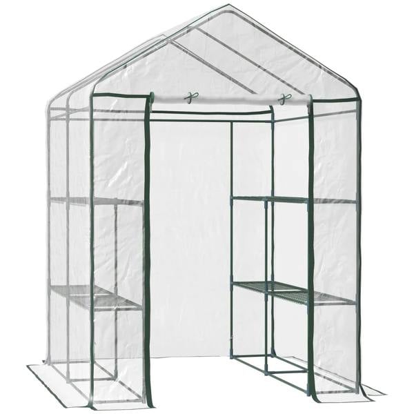 Walk-in greenhouse with clear PE cover and green steel frame, zippered front door