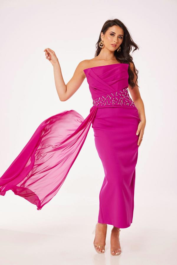 LuvForever Fuschia Strapless Jewelled Drape Midi Dress