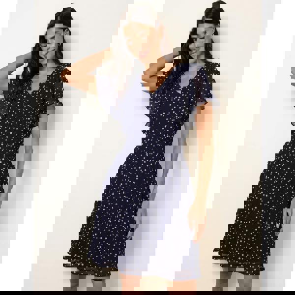 Blue Vanilla Polka Dot V Neck Tie Back Mini Dress