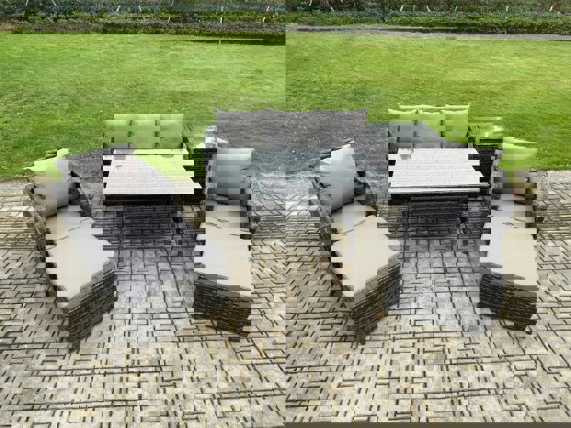Fimous 7 Seater Rattan Outdoor Garden Furniture Set Rectangular Dining Table and Chair Sofa Set With Side Table 2 Big Footstool Dark Grey Mixed