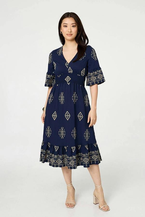Navy | Printed 1/2 Sleeve Shirred Midi Dress