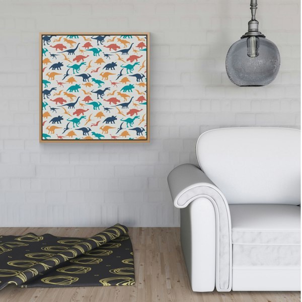 Warren Reed Multicoloured Dinosaurs Framed Canvas