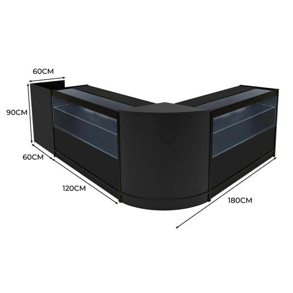 Black Phoenix LED shop counter set featuring a sleek, modern design with curved edges, showcasing dimensions of 60cm, 90cm, and 120cm