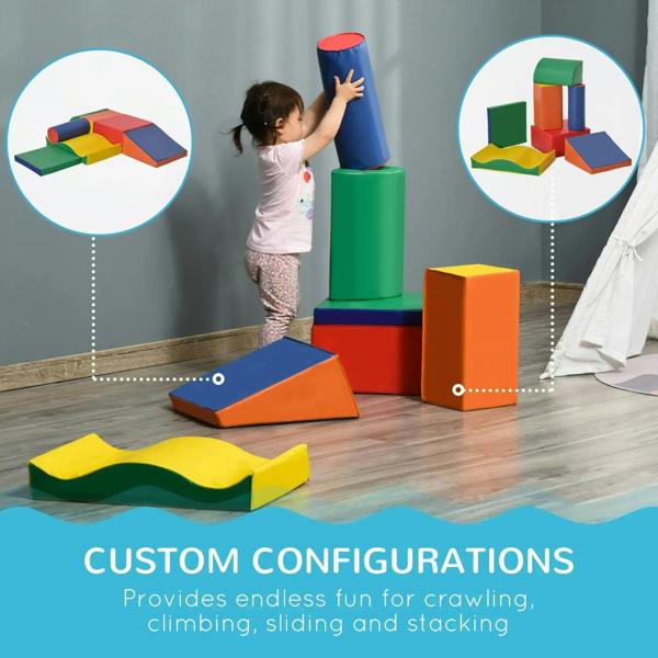 Foam activity blocks set with stacked cubes and ramps in bright red, blue, green
