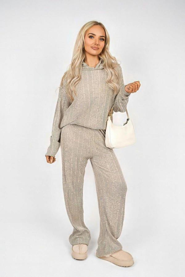 Zayana Hooded Ribbed Oversized Top And Wide Leg Lounge Co-ord Set - Stone